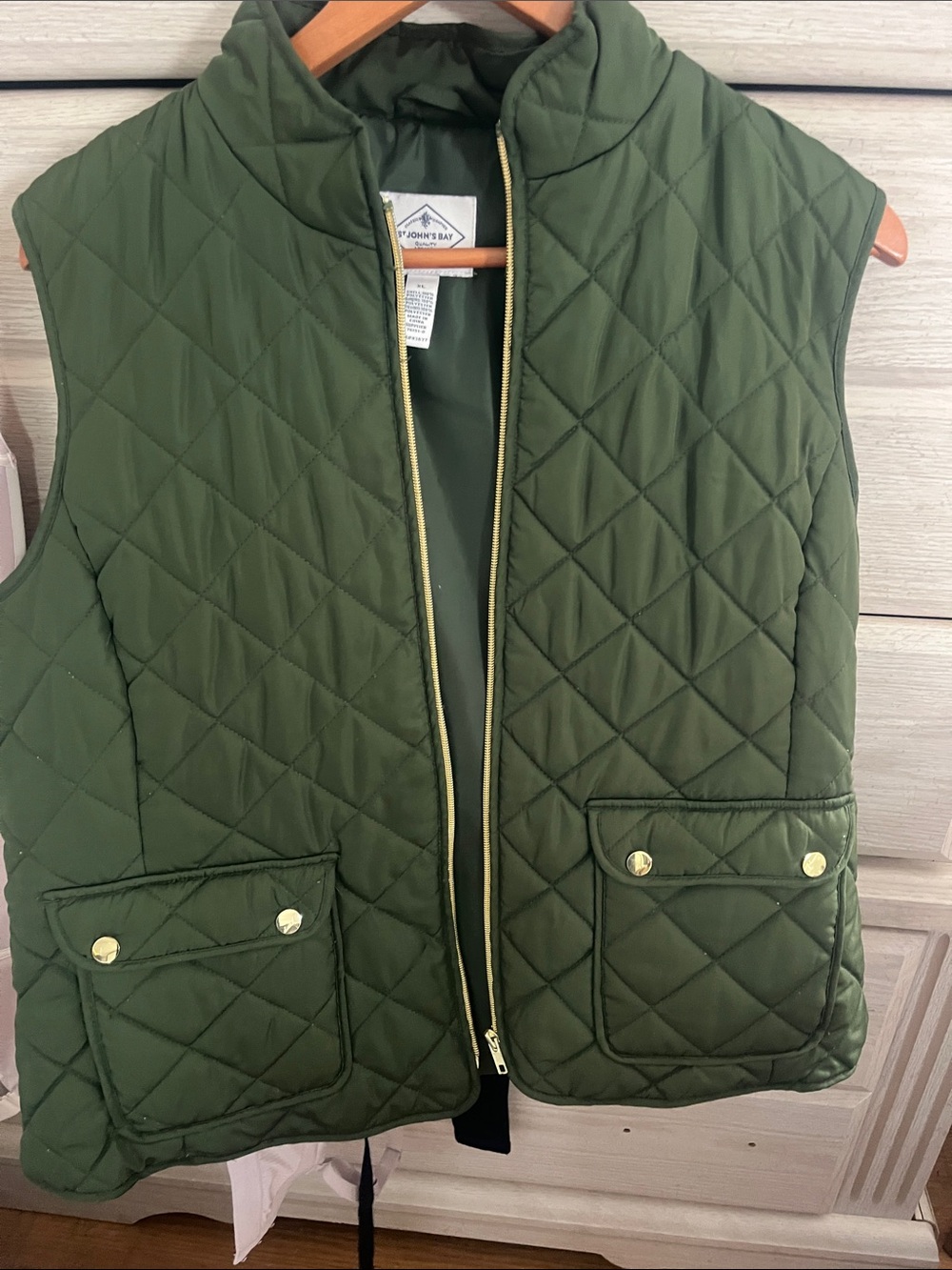 St. John's Bay Olive Green Quilted Vest with Gold Trim